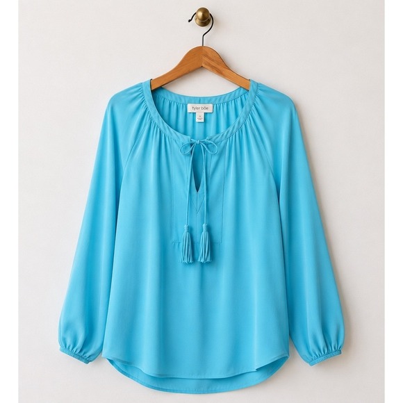 Tyler Boe Tops - Tyler Boe Silk Tunic Top Women Medium Blue Tassel Tie Long Sleeve Blouse Preppy